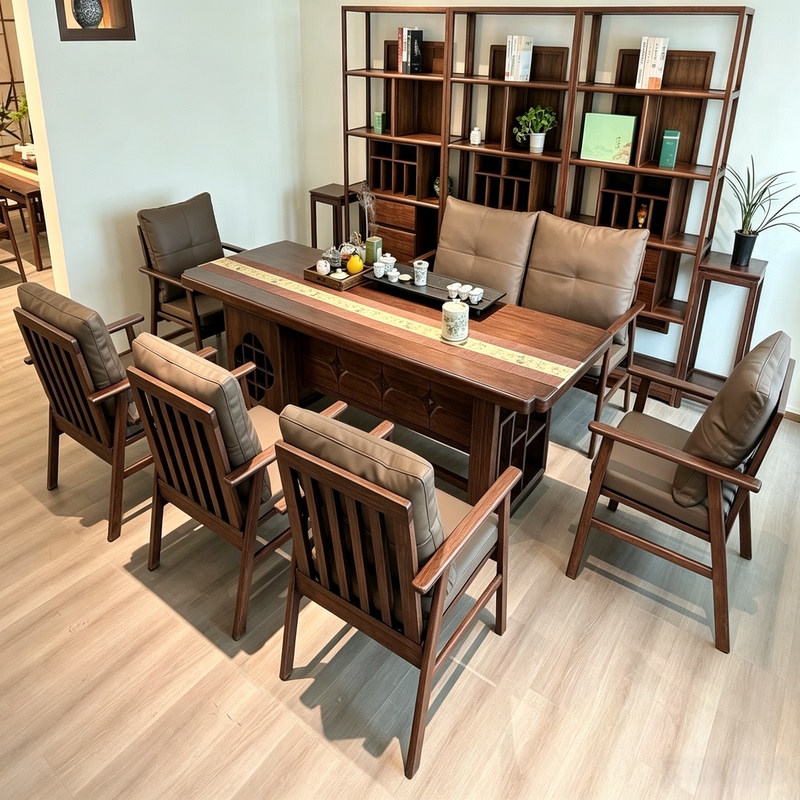 New Chinese-Style Solid Wood Tea Table and Chair Set, Large Table with Hibiscus Wood, Dual-Purpose for Boss's Office, Reception, and Conversation, Kung Fu Tea Table
