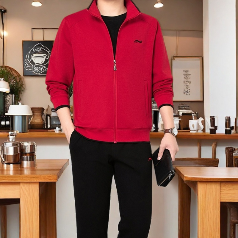 Middle-Aged and Elderly Men's Sports Suit, Spring and Autumn Red Color, Large Size Three-Piece Set, Dad's Casual Sportswear