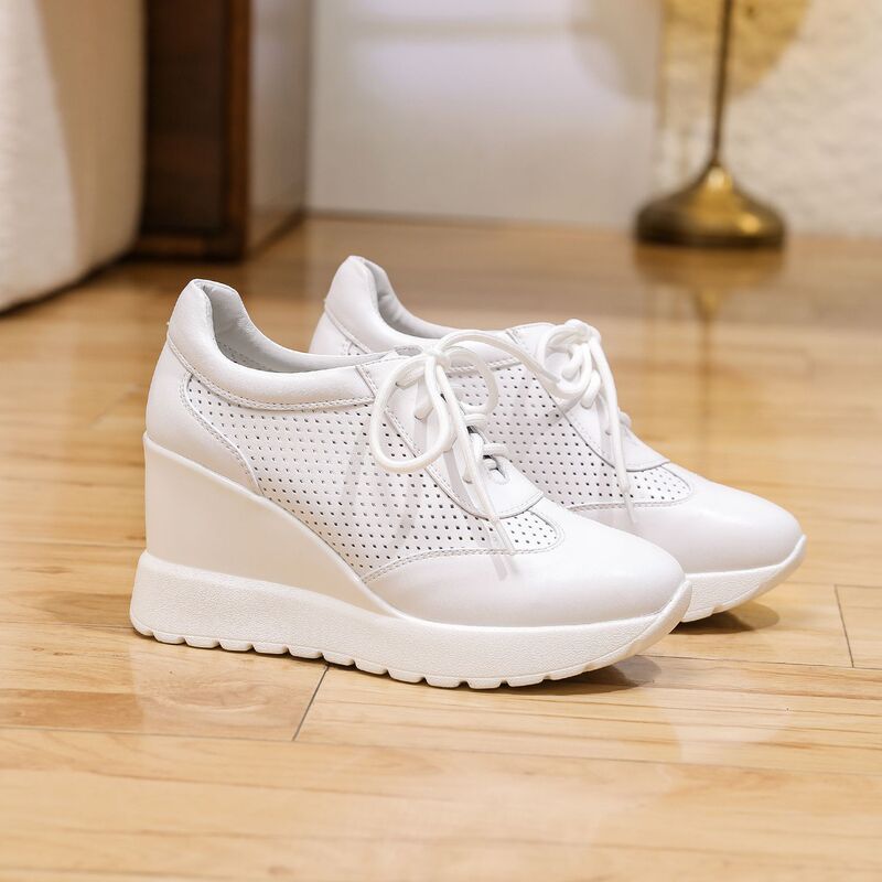 Breathable Hollow-Out 9cm Height-Increasing White Sneakers for Women, Spring and Summer Casual Genuine Leather Thick-Soled Wedge Shoes, Elegant and Make Feet Look Smaller