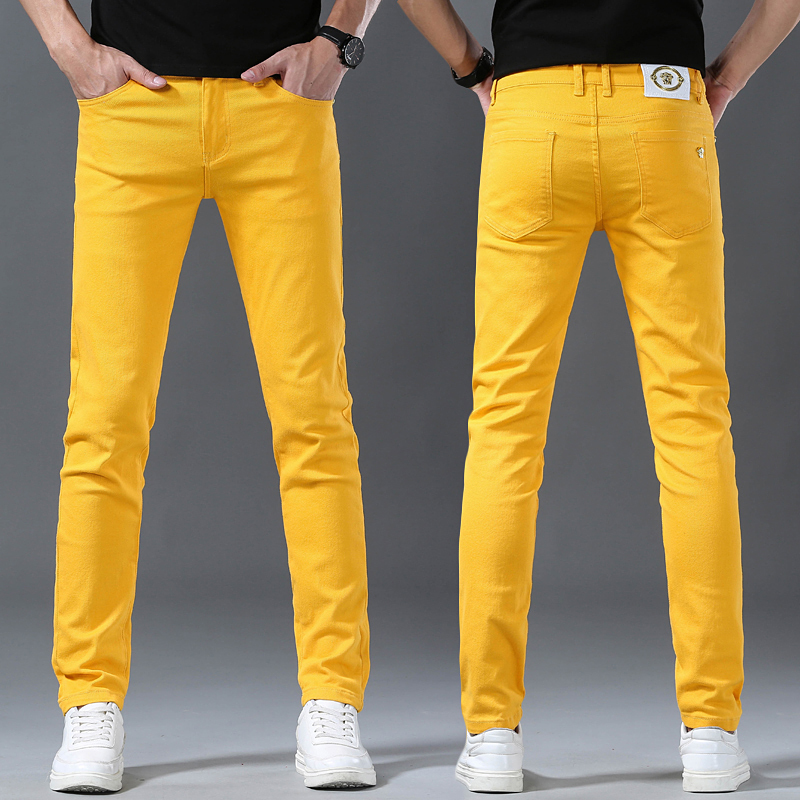 Branded Colored Jeans for Men, Stretchy Yellow Jeans, High-End Slim Straight Jeans, Stylish Men's Pants
