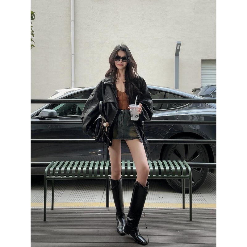 2026 Autumn New Black Pu Leather Jacket for Women, Super Trendy Cool Style, Petite High-End Motorcycle Jacket