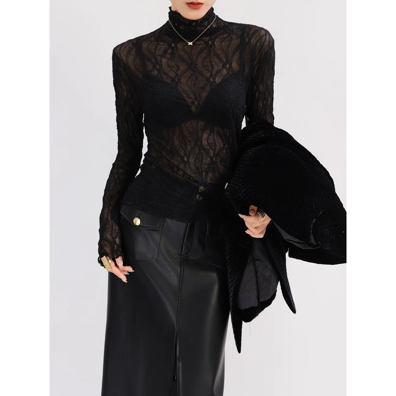 Miss Zhuo's Black Lace Inner Layering Top for Women, Pure and Alluring Style, See-Through, Can Be Worn Outside, High-End Long-Sleeve Mesh Top Miss Zhuo's Black Lace Inner Layering Top for Women, Pure and Alluring Style, See-Through, Can Be Worn Outside, High-End Long-Sleeve Mesh Top