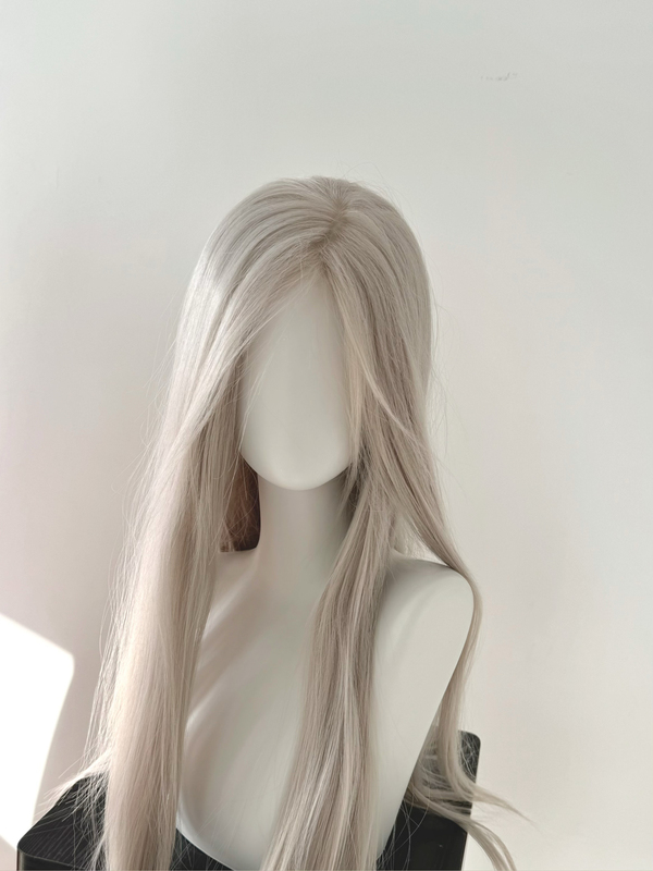 [Galaxy] Mom Sheng's Handmade Big-Headed Leather Lace Simulated Matte Hair Gray Silver White Middle Parted Long Straight Head Wig