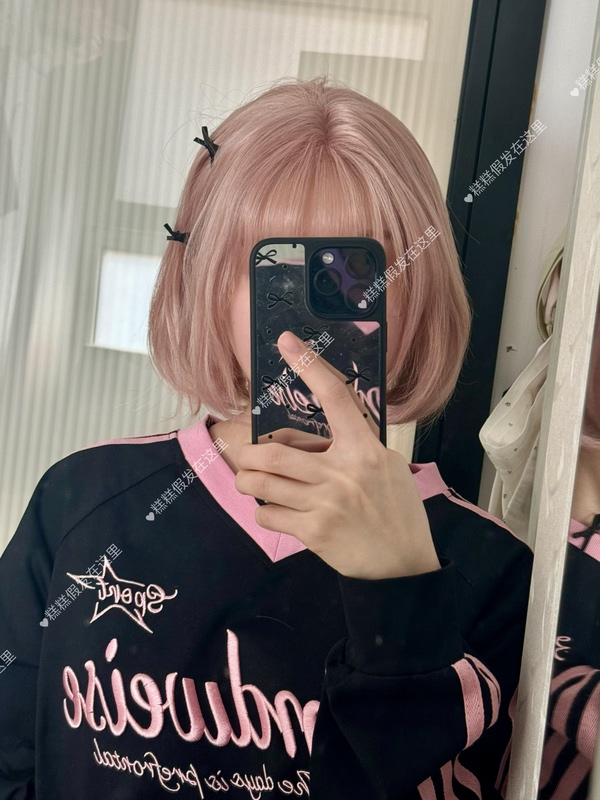 【Peach】13*4 Hand-Crocheted Lace Front Synthetic Matte Pink Short Wig with Bangs and Slight Curls