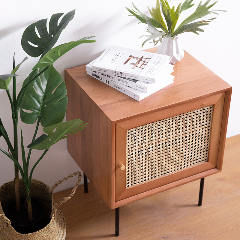 Japanese-style rattan bedside table sofa side cabinet small apartment storage cabinet retro light luxury multi-functional solid wood small side cabinet