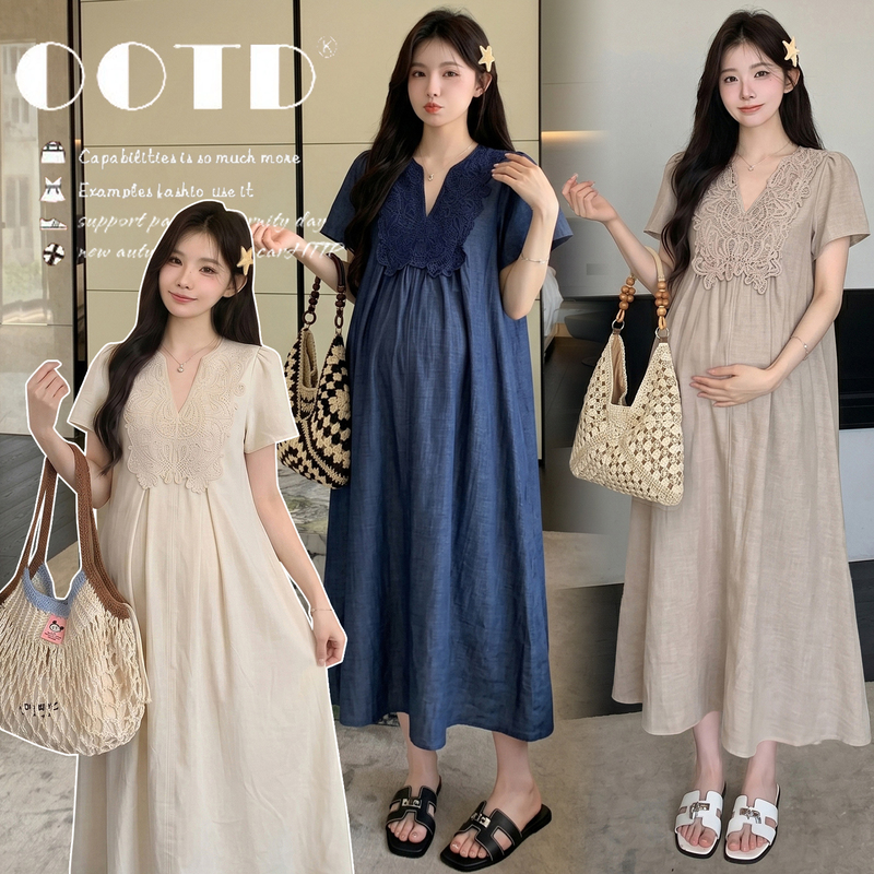 2026 Summer Maternity Dress Gentle V-Neck Lace Embroidery Loose Minimalist Patchwork Long Dress