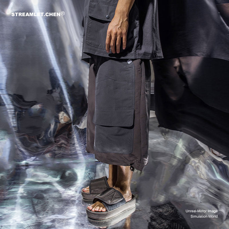 STREAMLET CHEN:OVERSIZE SHORTS industrial cut stitching multi-pocket loose 50% pants