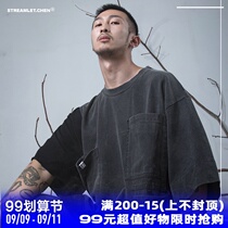 STREAMLET CHEN:OVERSIZE TEE Heavy Wash Multi Pocket Vintage Splice Short Sleeve T-Shirt