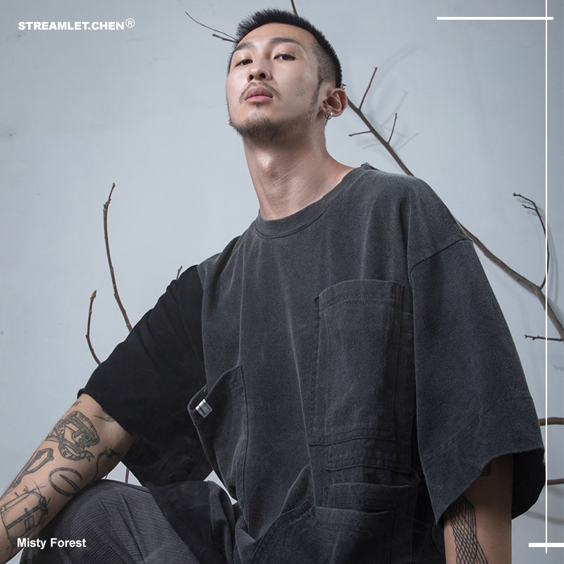 STREAMLET CHEN:OVERSIZE TEE heavy washed multi-pocket retro splicing short sleeve T-shirt