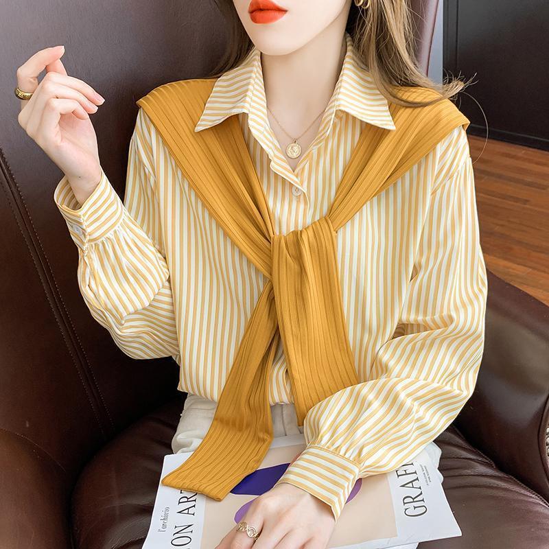 European Style Shawl Fake Two-Piece Striped Shirt for Women 2026 New Light Luxury High-End Spring and Autumn Color-Blocking Chiffon Top