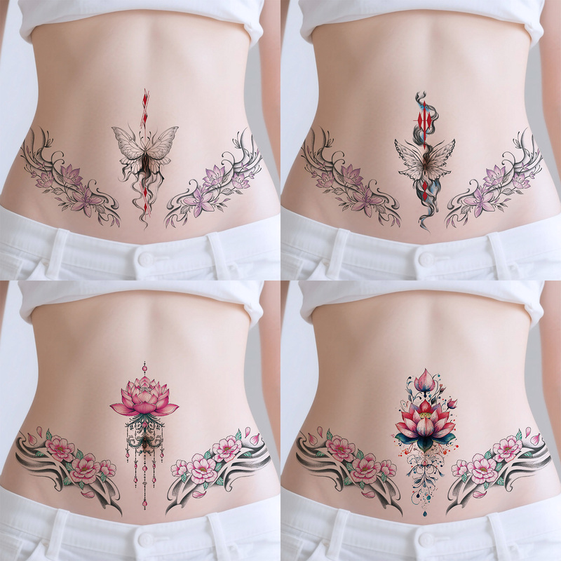 Sexy Colorful Flower Tattoo Stickers for Women, Waterproof, for Waist and Lower Abdomen, Butterfly and Floral Designs, Ink-Style, Fresh and Simple