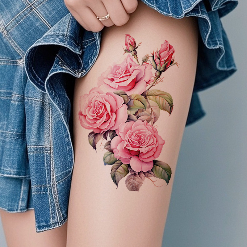 Colorful Plant and Flower Tattoo Stickers for Women, Waterproof, High Aesthetic Value, Sweet Rose Flowers, Sexy Temporary Body Art for the Thigh Area