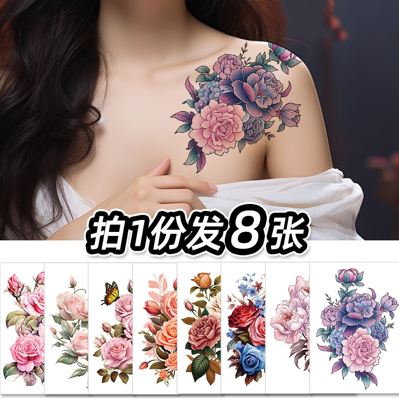Fresh Floral Waterproof Tattoo Stickers for Women, Artistic, Charming, Oriental Style, Chest, Shoulder, Rose Flowers