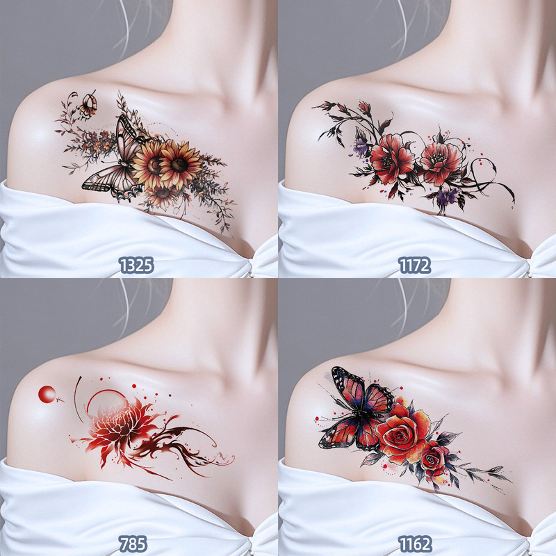 Colorful Plant and Flower Tattoo Stickers Waterproof for Women, Collarbone and Chest Floral Design, Chinese Style Temporary Art