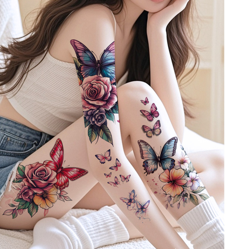 High-Quality Flower and Butterfly Colorful Tattoo Stickers for Women, Waterproof, Men's High-End Style, Summer New Ins Temporary Color Tattoos