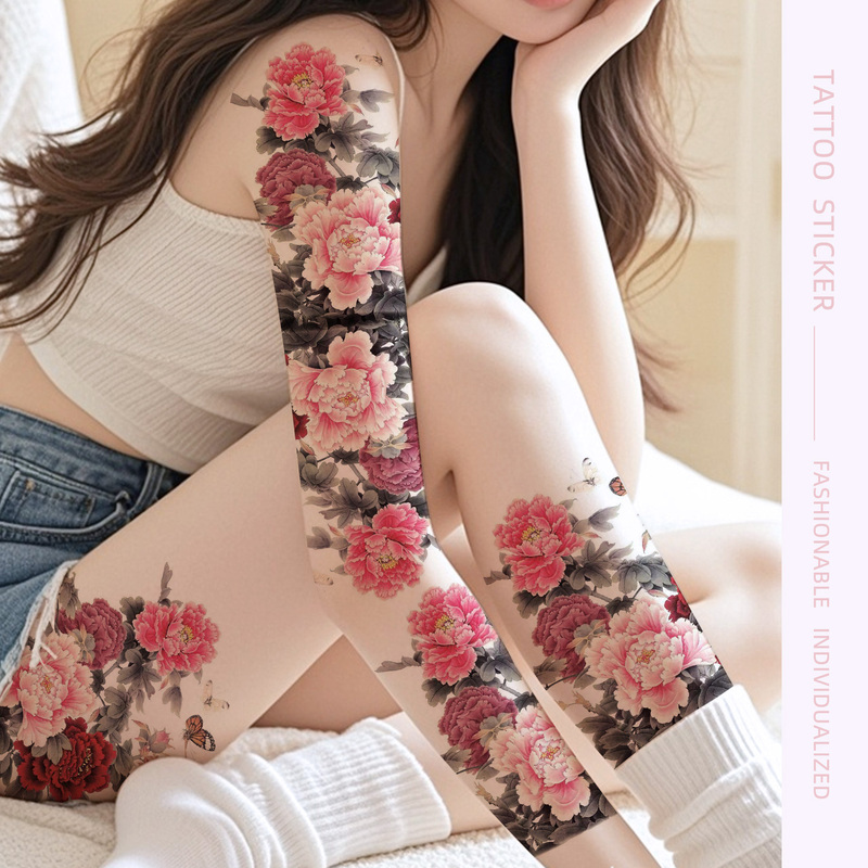 Disposable Temporary Chinese Style Colorful Peony Flower Tattoo Stickers for Women and Men, Waterproof Arm Sexy Body Art