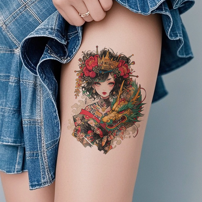 Colorful Dragon Girl Tattoo Stickers for Women, Waterproof, High-End Style for Men, Vintage Style on the Thigh, Geisha Flower Queen, Scar-Covering Temporary Art