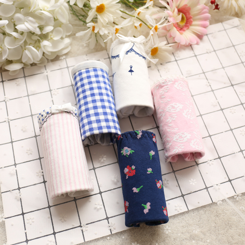 Đồ lót nữ Nhật Bản kẻ sọc in đồ lót cô gái yimi hoa mở bông Đồ lót phụ nữ 5 hộp quà do lot