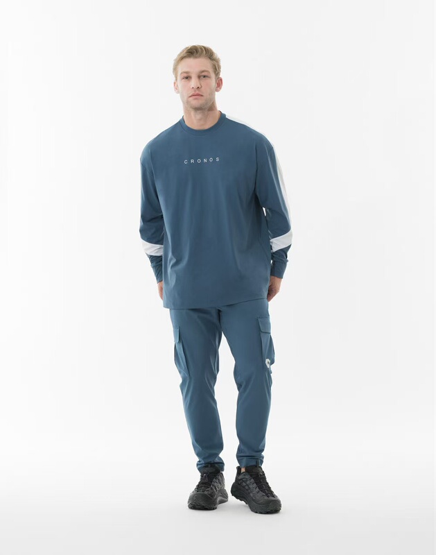 Powerful Fitness Cronos Blue-Gray Flex Panel Technical Fabric Long-Sleeved Sports T-Shirt