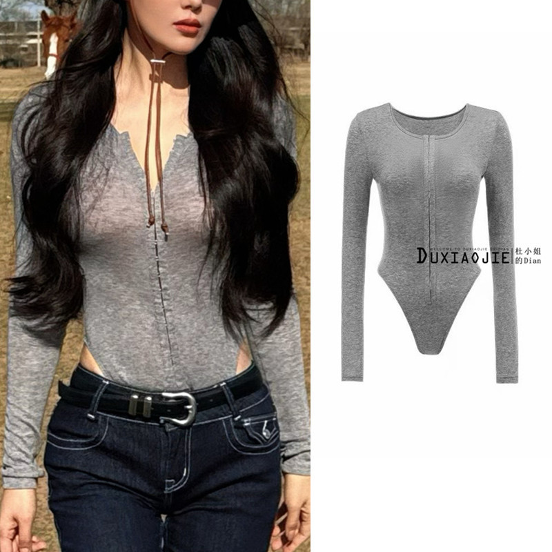 I Like You, Too. I'M Also a Fan of Zhang Xinyu's Same Style One-Piece Gray V-Neck Long-Sleeve Button-Up Slim-Fit Waist-Revealing T-Shirt Base Shirt