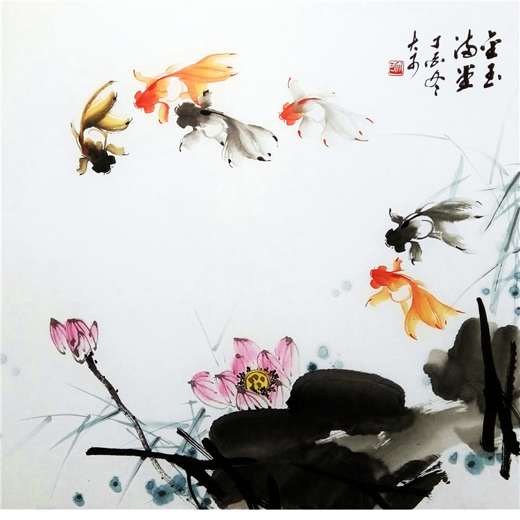 中国古美術・荷花鯉鱼図三尺画芯・啓功印款・水墨画・純手描き・文房具・宣紙・带水印 中国古美術・荷花鯉鱼図三尺画芯・啓功印款・水墨画・純手描き