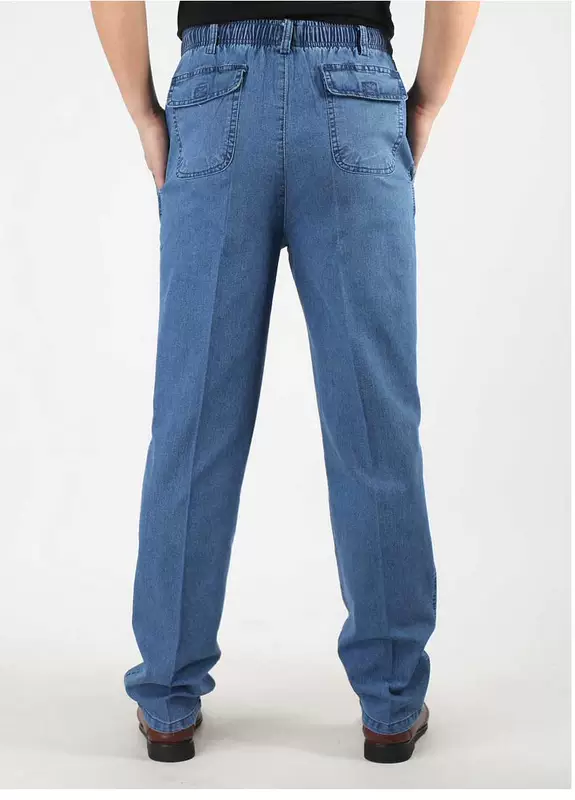 Mùa hè phần mỏng trung niên đàn hồi eo jeans nam cộng với phân bón tăng thợ hàn quần cotton loose làm việc quần