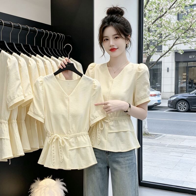 Ruffled Lace Lace-Up Fashionable Slim-Fit Shirt for Women, Super Stylish Top, New Summer French-Style Purple Shirt