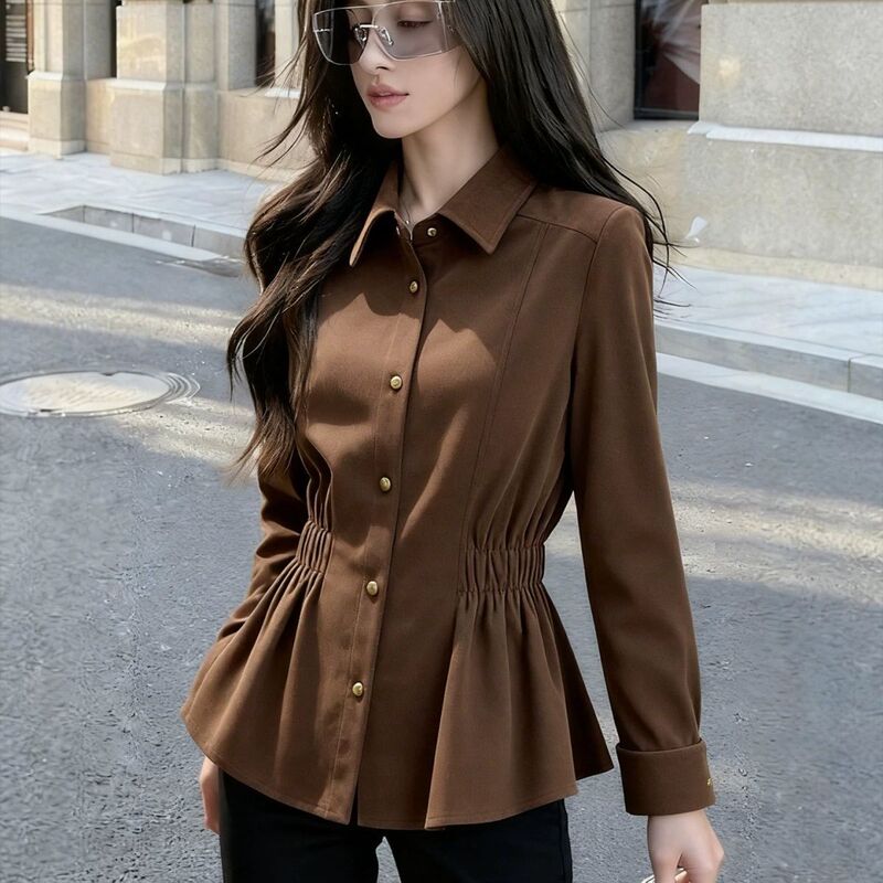 Retro Coffee-Colored Lapel Waist-Cinching Long-Sleeve Shirt for Women, 2026 Spring New Design, Slim-Fit and Stylish Outerwear Shirt