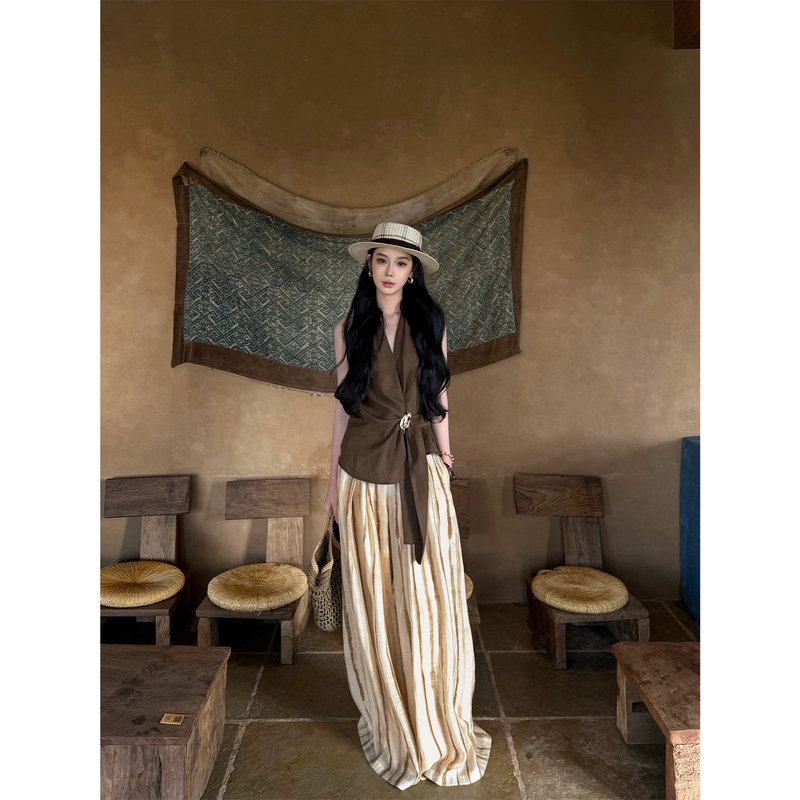 Youwei Linen Pants for Women, Wide-Leg Pants, Summer Thin Straight-Leg Loose Slimming Striped Casual Pants, Long Pants