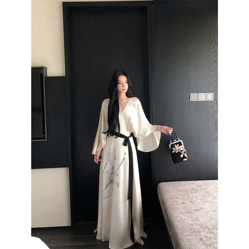 Youwei【Cloud Sleeve Flower Shadow】Early Autumn New Chinese Style Long Dress for Women, Berkeley High School White Dress