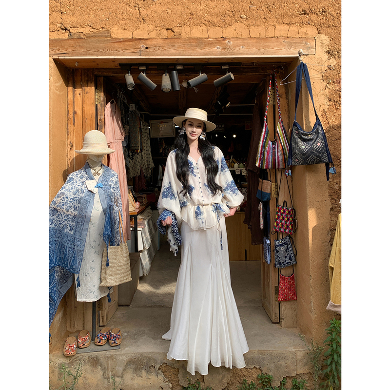 Youwei New Chinese-Style Long-Sleeved Linen Shirt Top for Women, Summer Thin Loose Lazy Style V-Neck Shirt