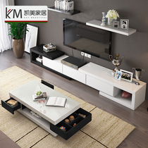 Simple modern tempered glass coffee table TV cabinet combination living room furniture white paint small apartment telescopic floor cabinet