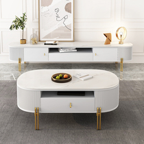 Light luxury tea table TV cabinet combination Italian light rock plate minimalist arc hipster white modern simple style
