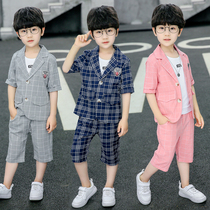 2021 summer boys short-sleeved small suit three-piece Korean version of the big boy handsome dress plaid suit cotton tide