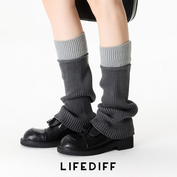 Autumn and Winter Slimming Leg Warmers for Women, Stacked Socks Paired with Small Leather Shoes, Vertical Stripe Color-Blocking, Gray Warm Long Socks