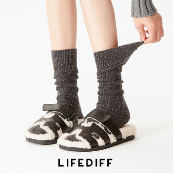 Dark Gray Vertical Striped Thermal Socks for Women, Autumn and Winter, Dotted Yarn Long Socks, Slouch Socks, Paired with Small Leather Shoes and Short Boots