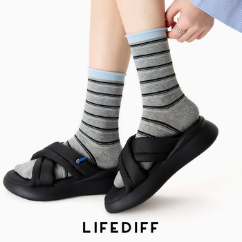 Seamless Color-Block Striped Cotton Socks, Mid-Calf Socks, Long Socks with Rolled Edges, Thin Spring/Summer Style, Spring/Autumn Style, Sweat-Absorbent Breathable Socks for Women