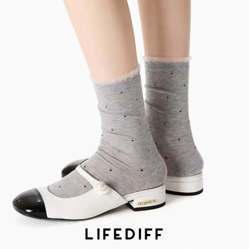 Gray Long Socks, Mid-Calf Slouch Socks, Seamless Lace Trim, Small Polka Dots, Thin and Breathable for Spring and Summer, Women's Summer Socks