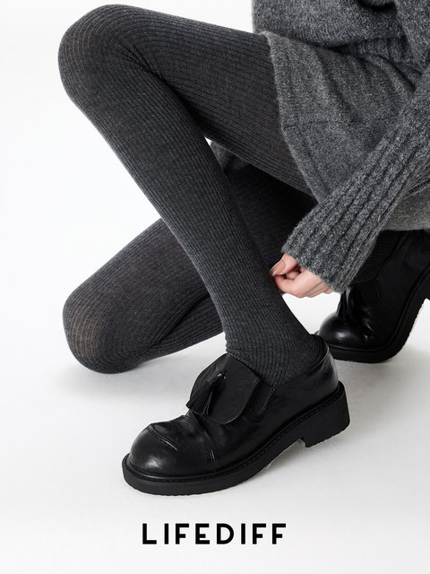 Vertical Striped Wool-Blend Tights for Outerwear, Slimming Effect, Autumn and Winter, Miu Style, Gray Footed Leggings, Thermal and Warm