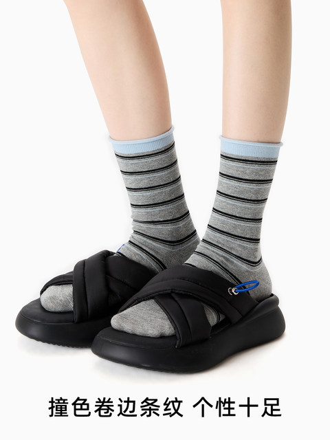 Seamless Color-Block Striped Cotton Socks, Mid-Calf Socks, Long Socks with Rolled Edges, Thin Spring/Summer Style, Spring/Autumn Style, Sweat-Absorbent Breathable Socks for Women