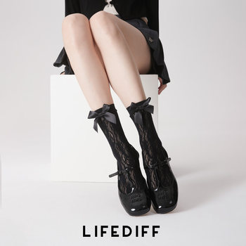 Girls' Bow-Knot Hollow Lace Mid-Calf Socks, Summer Long Socks, Thin Breathable Socks, Women's Spring and Summer Black Slouch Socks