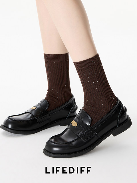 Fine Glitter Korean Style Matching Socks, Spring and Autumn Coffee-Colored Vertical Stripe Mid-Calf Socks Paired with Small Leather Shoes, Women's Socks for Autumn and Winter