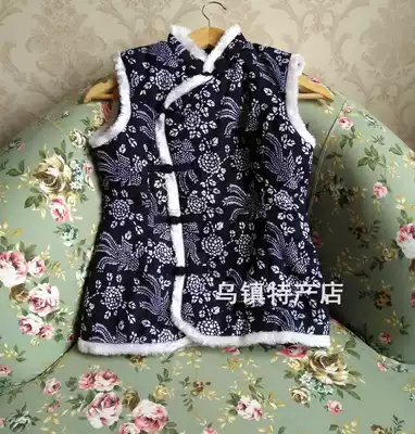 Pure cotton blue printed cloth women's oblique placket hand-buckled cotton vest Chinese Tang cotton vest (two color