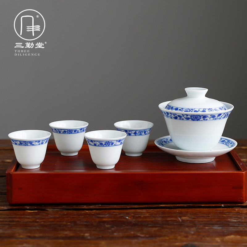 The three frequently tureen suit household sample tea cup of jingdezhen ceramic hand - made kung fu tea set S13006 blue tie up branches