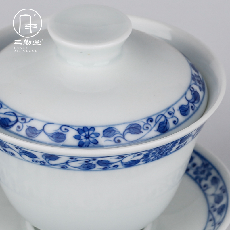 The three frequently tureen suit household sample tea cup of jingdezhen ceramic hand - made kung fu tea set S13006 blue tie up branches