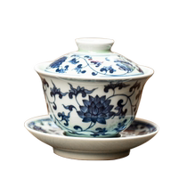 The Qin Hall Green Flower Cover Bowl Jingdezhen tea Tea Tangle Branches Lotus Three Cai cover Bowl Pure Hand-peint Venerable Tea Bowl