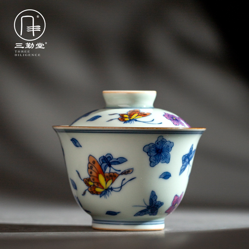 Three Qintang Jingdezhen Ceramics Tea Ware Green Flower Hand Painted Bucket Colorful Butterfly Romance Flowers two only cover Bowl Tea Maker without Scalding Hands-Taobao