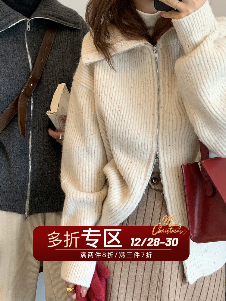 High-neck thickened sweater women's autumn and winter 2021 new all-match loose and thin zipper knitted cardigan lazy wind jacket