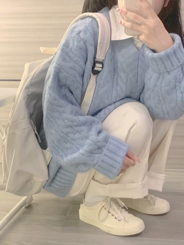 Синий демисезонный трикотажный утепленный свитер, 2023, свободный крой