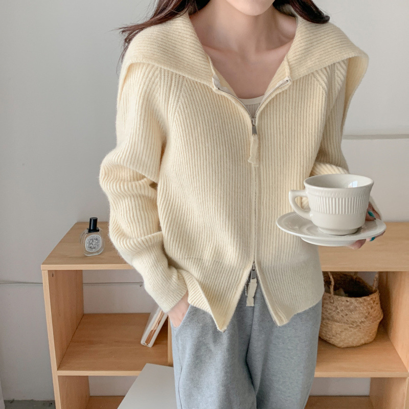 Design sense small crowdsourced double head bracelet sweater jacket woman 22 early spring new loose knit cardigan blouse